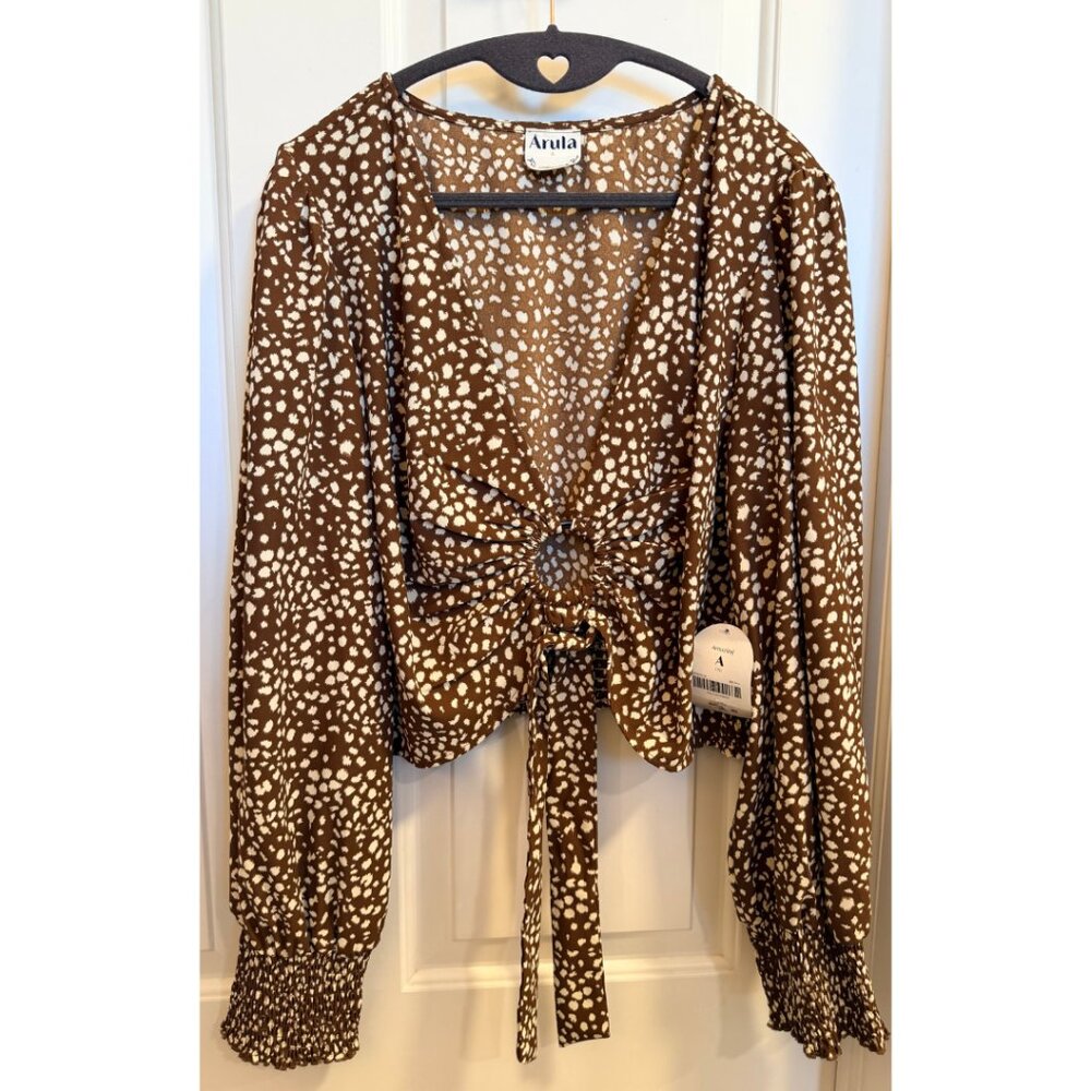 ARULA Brown and Cream Printed Tie-Front Blouse